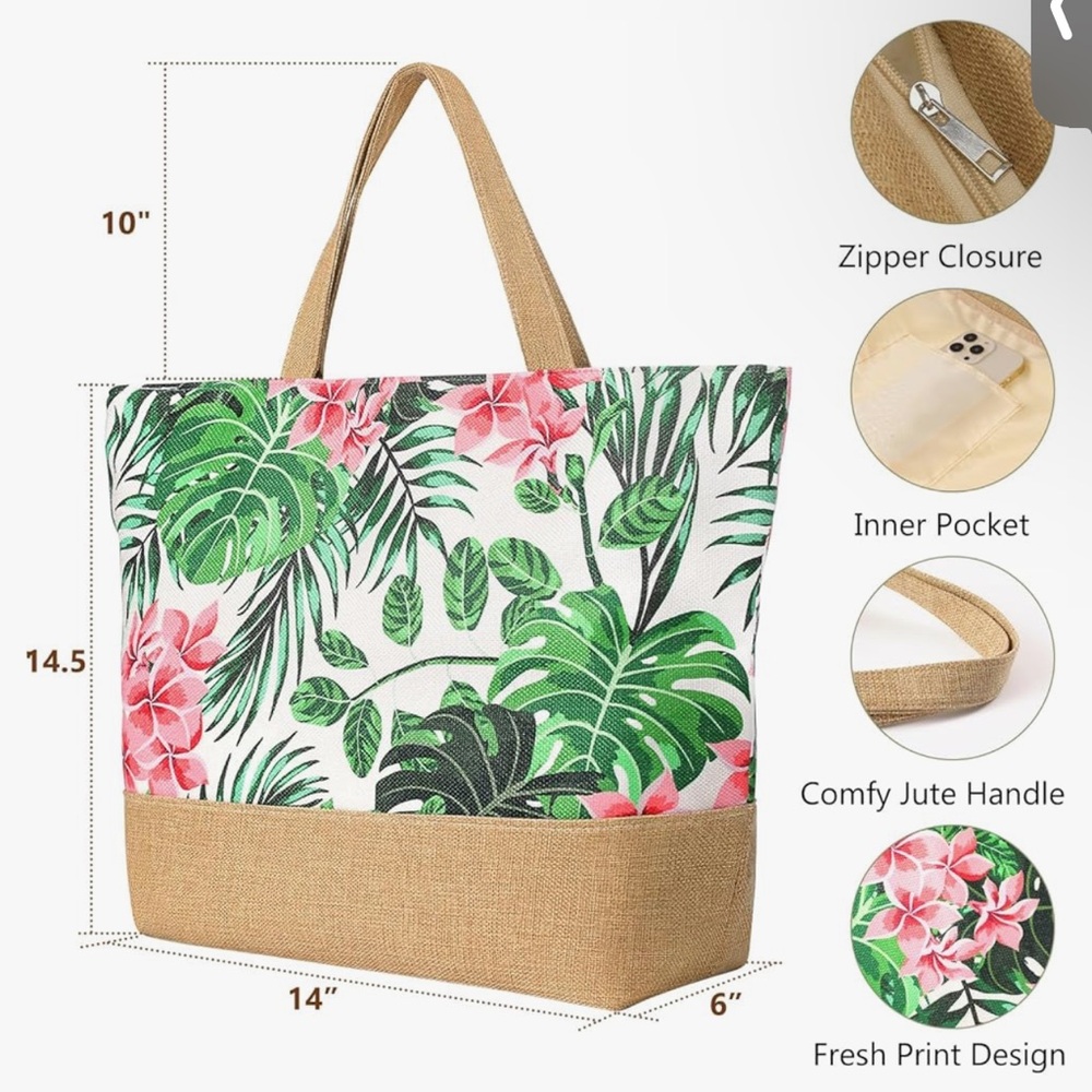 Beach Bag for Women, Large Beach Tote with Zipper, Woven Straw Tote Waterproof, - Picture 2 of 8